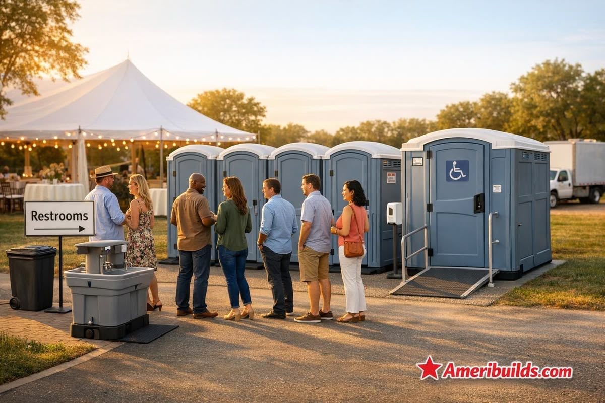 Guests lined up outside portable restrooms at a tented event