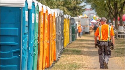 Technician checking a row of orange portable restrooms at an event