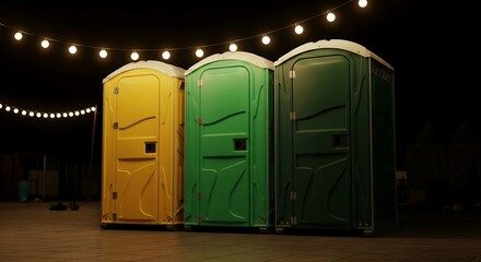 Colorful portable restrooms lit by string lights at an evening event