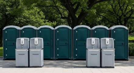 Portable restrooms paired with hand-wash stations in a row