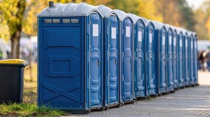 Row of blue portable restroom units staged in a park, ready for delivery