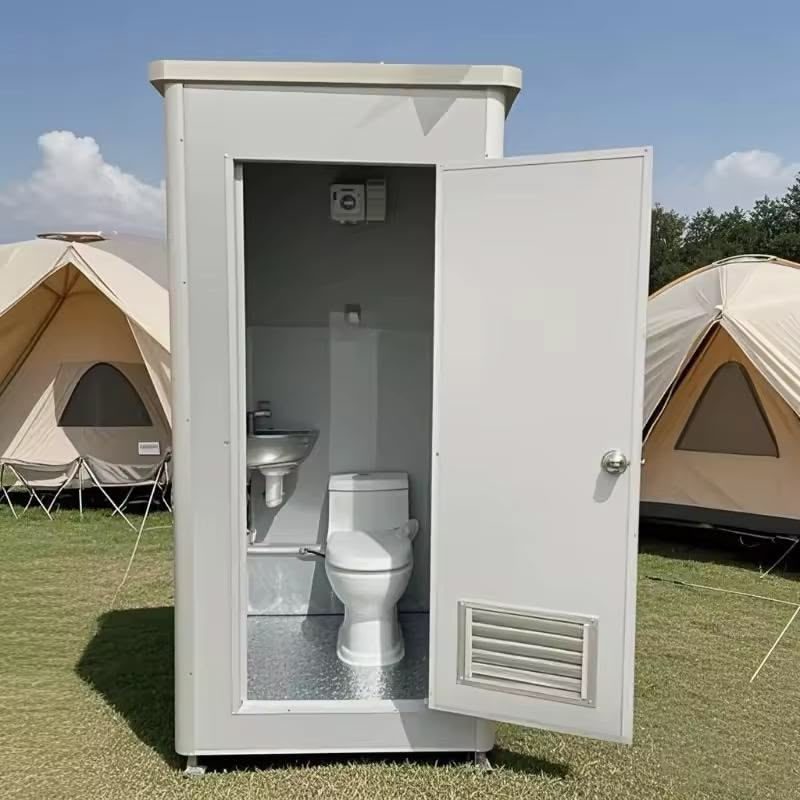 Blue portable restroom unit shown in a studio product photo